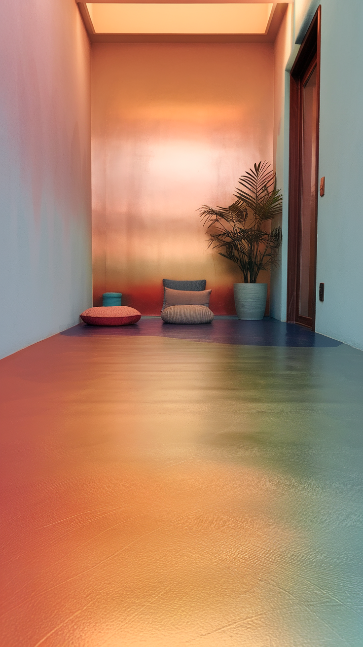 A hallway featuring a gradient sunset epoxy floor with soft hues of orange, pink, and blue.