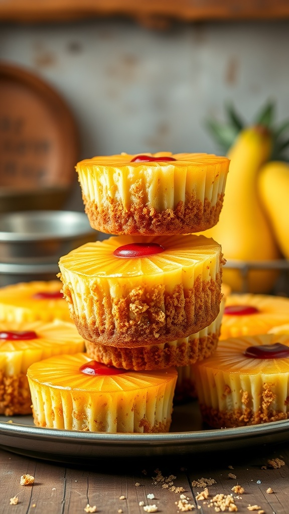 Mini pineapple upside-down cheesecakes stacked on a plate with a graham cracker crust.