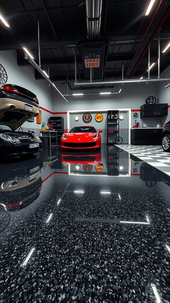 A luxury garage with a granite-look epoxy floor, showcasing two cars.