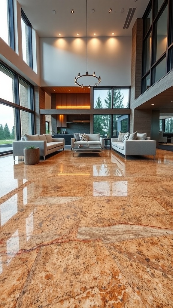 A luxurious room featuring granite-look epoxy flooring with rich textures, illuminated by warm lighting.