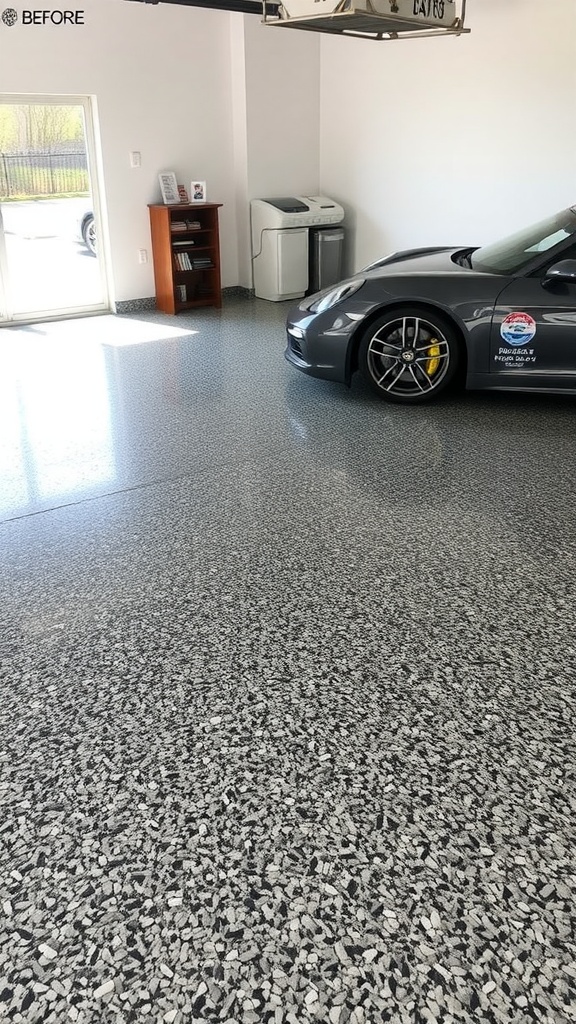 A modern garage featuring a sleek granite chip epoxy floor with a stylish vehicle parked inside.