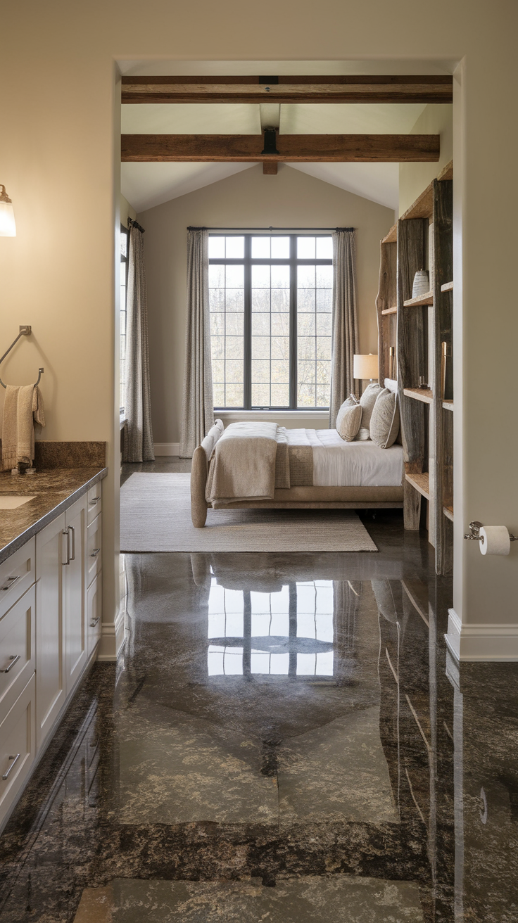 A cozy bedroom featuring granite effect polished concrete floors, soft textiles, and reclaimed wood elements.