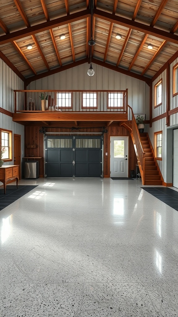 Interior of a barn-style garage with a loft area, featuring wooden beams and glossy epoxy flooring.
