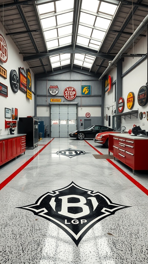 A modern metal shop interior with bold epoxy flooring featuring a logo and red accents.