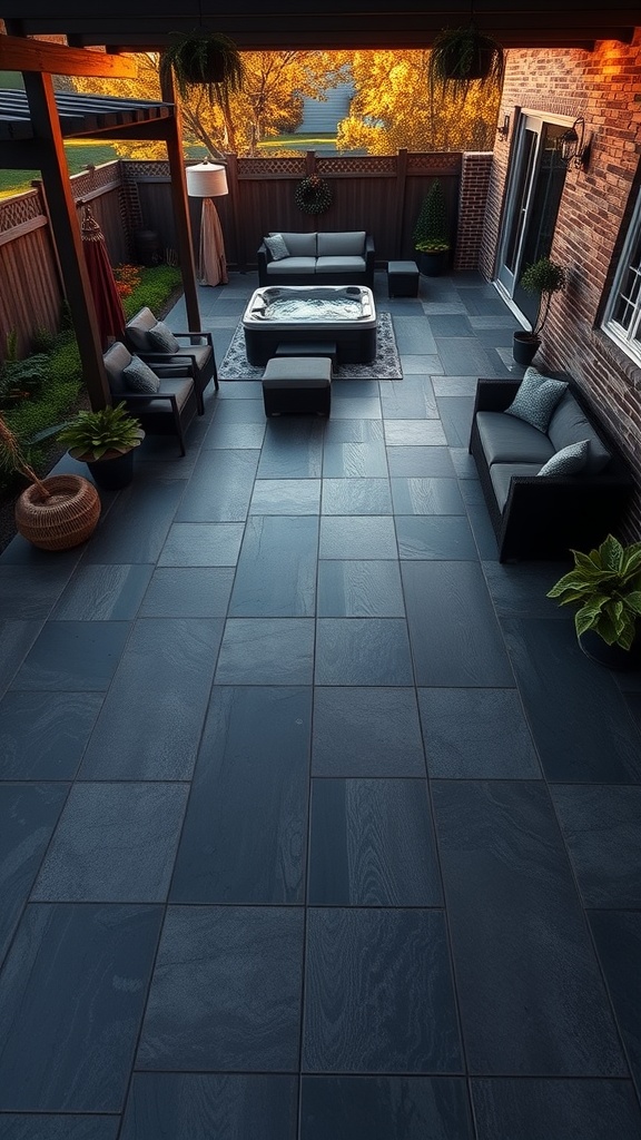 A modern patio with graphite gray flooring and geometric designs, featuring comfortable seating and plants.