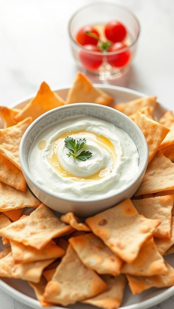 A bowl of Greek yogurt dip surrounded by crispy pita chips