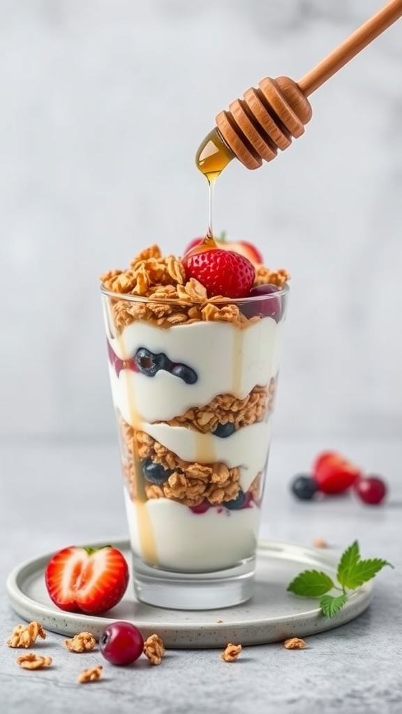 A delicious Greek yogurt parfait with layers of yogurt, granola, and fresh berries, topped with honey.