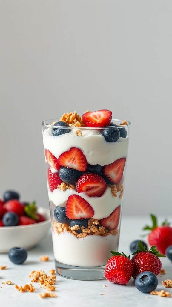 A delicious Greek yogurt parfait with layers of berries and granola.