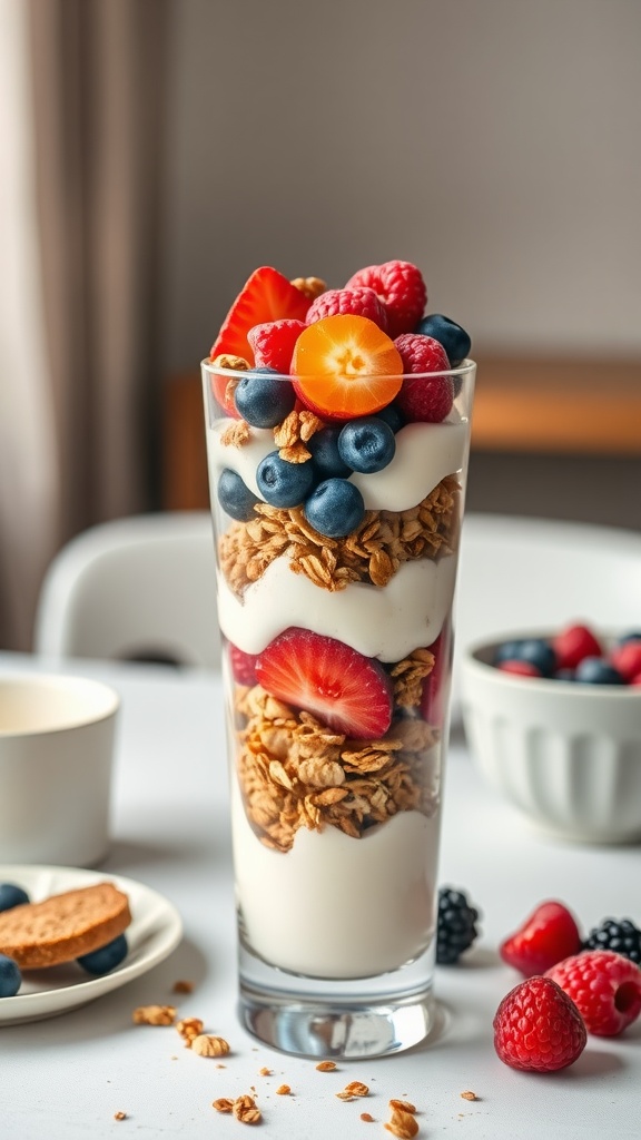 A layered Greek yogurt parfait with granola and fresh fruits in a glass.