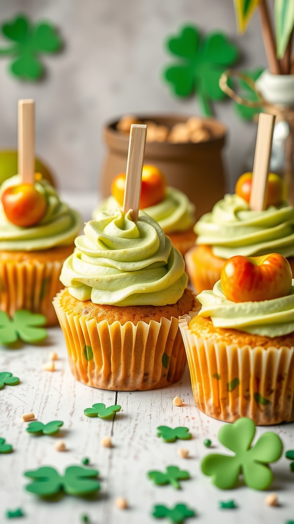 Delicious green apple cupcakes with green frosting and festive decorations
