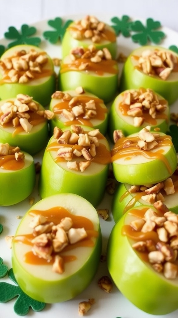 A plate of green apple nachos topped with caramel and chopped nuts.