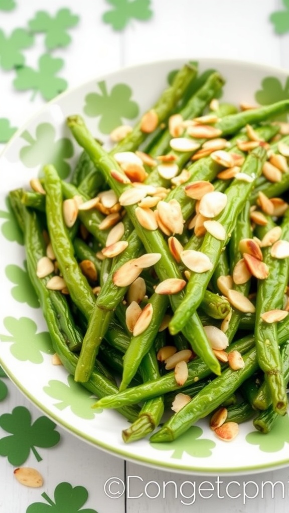 A bowl of green bean almondine topped with toasted almonds, surrounded by green party decorations.