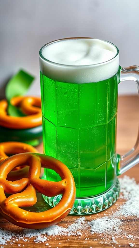 A glass of green beer next to orange pretzels on a wooden table.