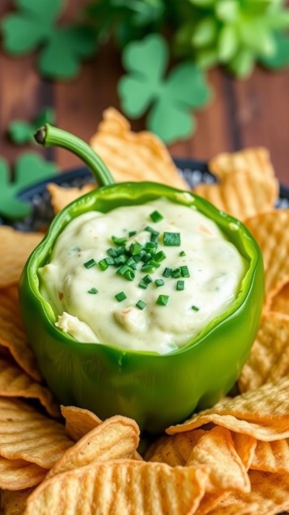 A creamy green cheese dip served in a green bell pepper surrounded by chips.