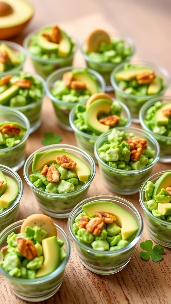 Delicious green salad cups made with avocado, green peas, and cucumber, garnished with nuts and served with crackers.