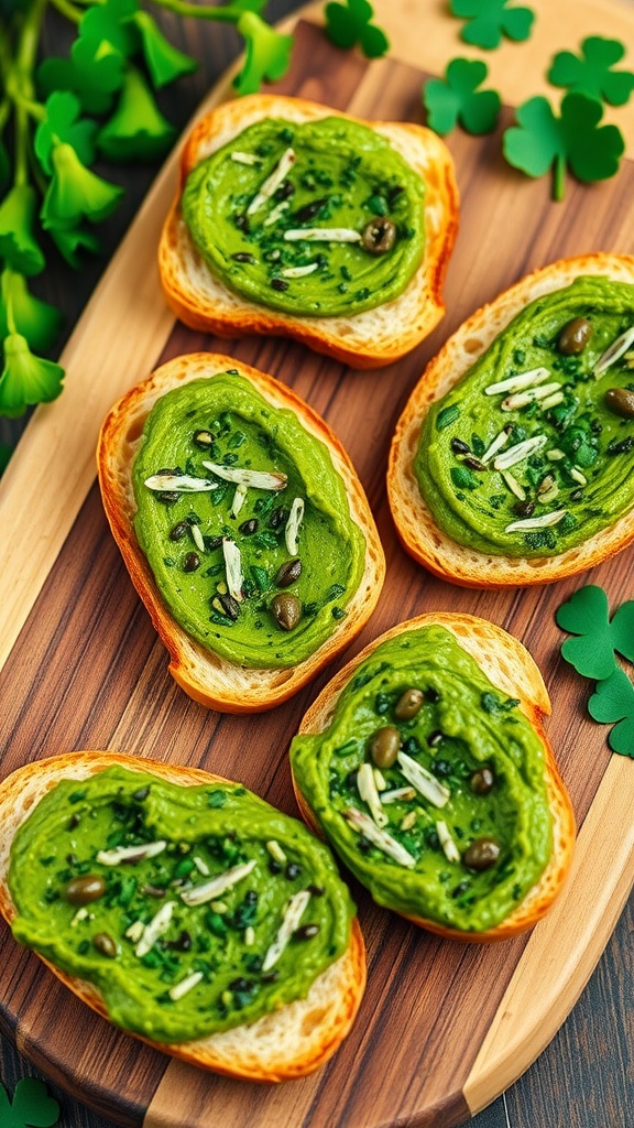 Delicious green olive tapenade spread on toasted bread, garnished with herbs.