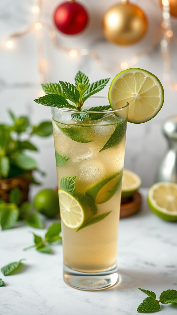 A refreshing Green Tea Mojito garnished with mint and lime.