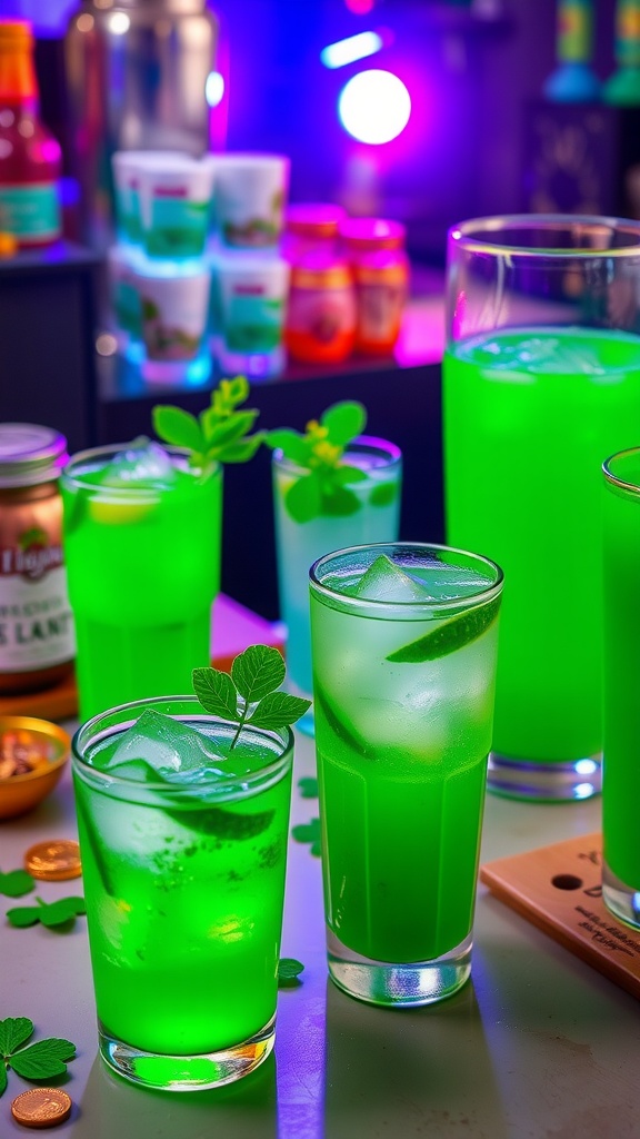 A vibrant green drink served in glasses with mint leaves and lime slices
