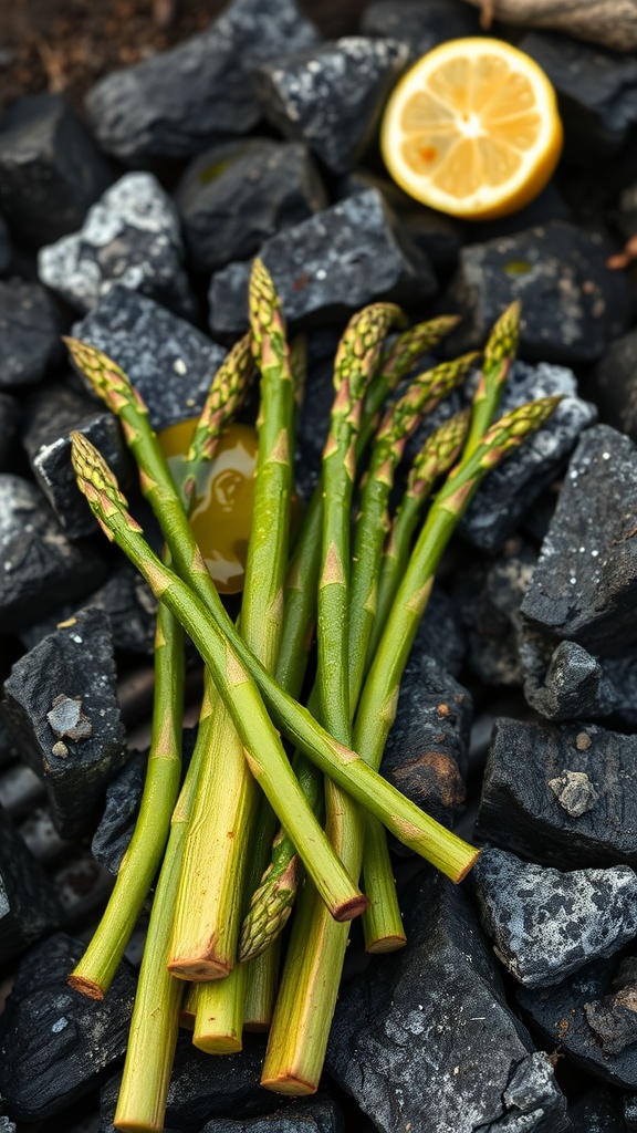 Grilled asparagus with lemon on a charcoal grill