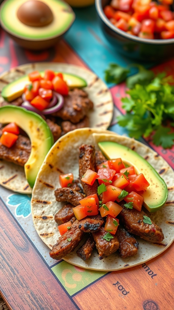 Grilled BBQ beef tacos with avocado and tomatoes