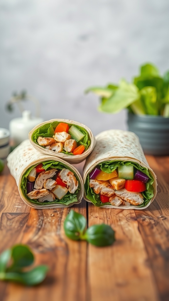 Delicious grilled chicken and veggie wraps on a wooden table