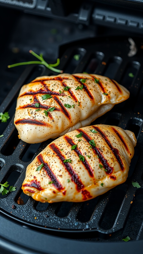 Grilled chicken breasts with grill marks and herbs.