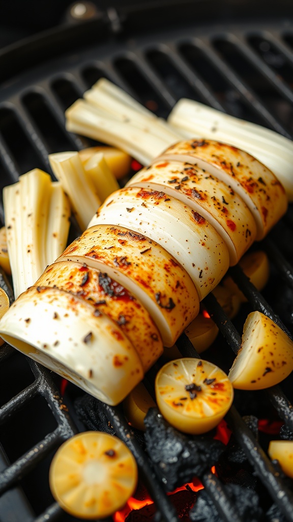 Grilled fennel bulbs on a charcoal grill with lemon slices.