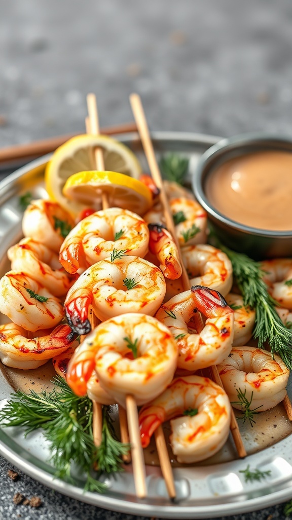 Grilled shrimp skewers with lemon and dill.