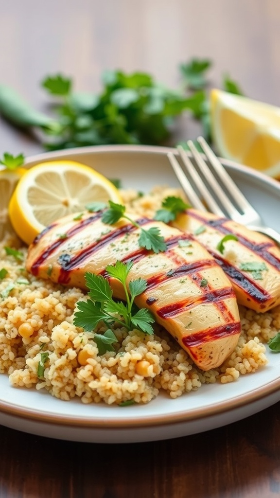 Grilled lemon herb chicken served with quinoa and garnished with fresh herbs and lemon slices.