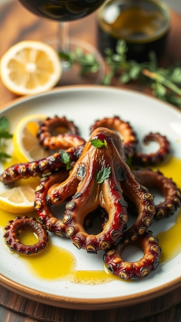Grilled octopus served with lemon and herbs