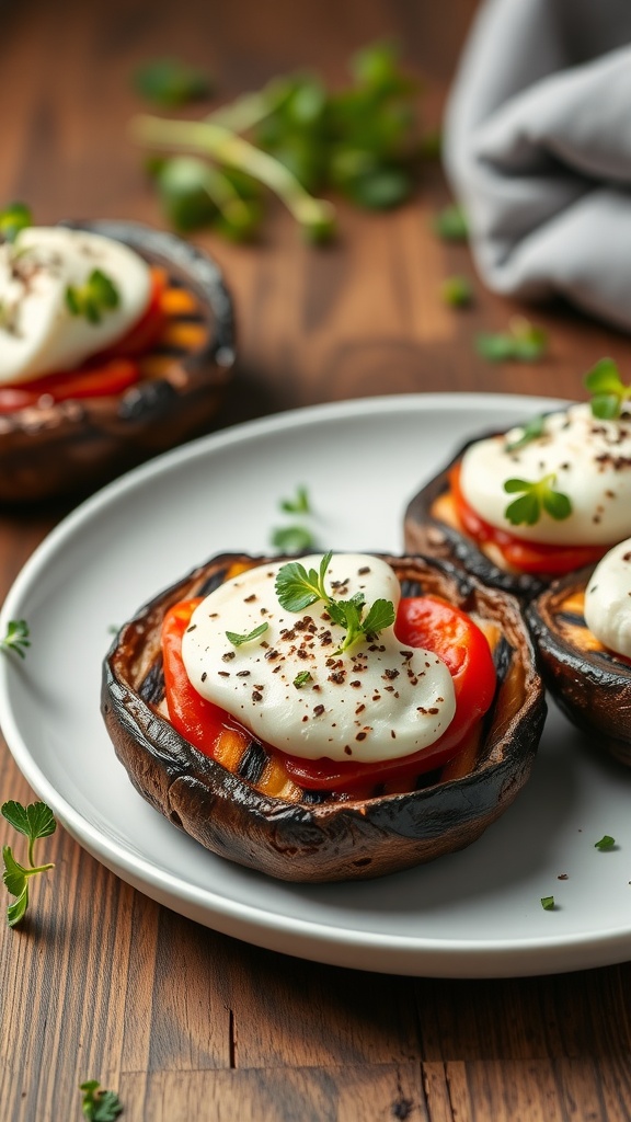 Grilled Portobello mushrooms filled with tomatoes and mozzarella cheese, garnished with basil.
