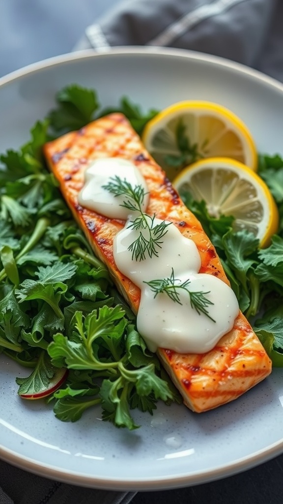 A beautifully plated grilled salmon with lemon dill sauce on a bed of greens.