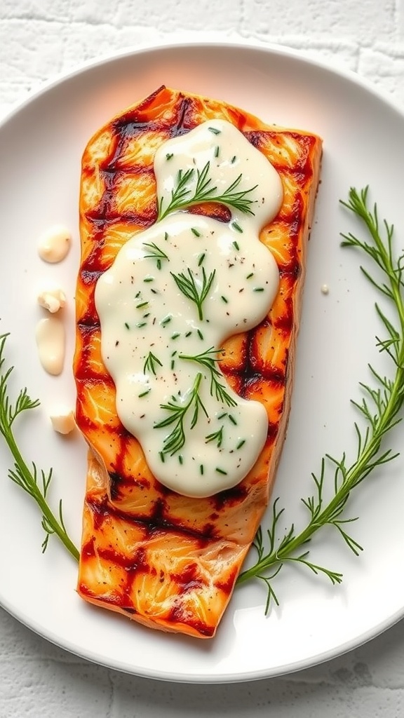Grilled salmon topped with a creamy lemon dill sauce.