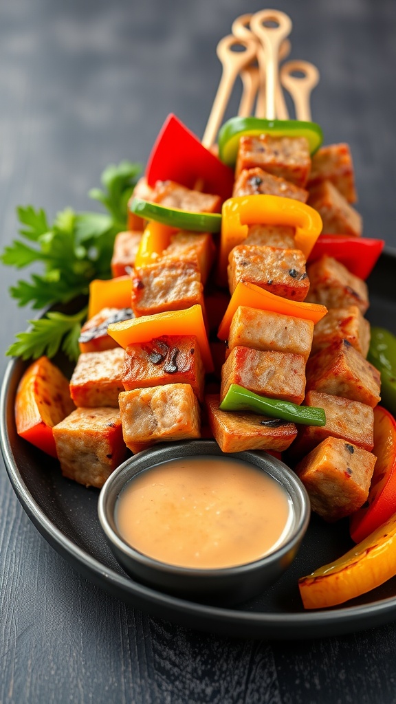 Grilled sausage and peppers skewers served on a black plate with a small bowl of dipping sauce