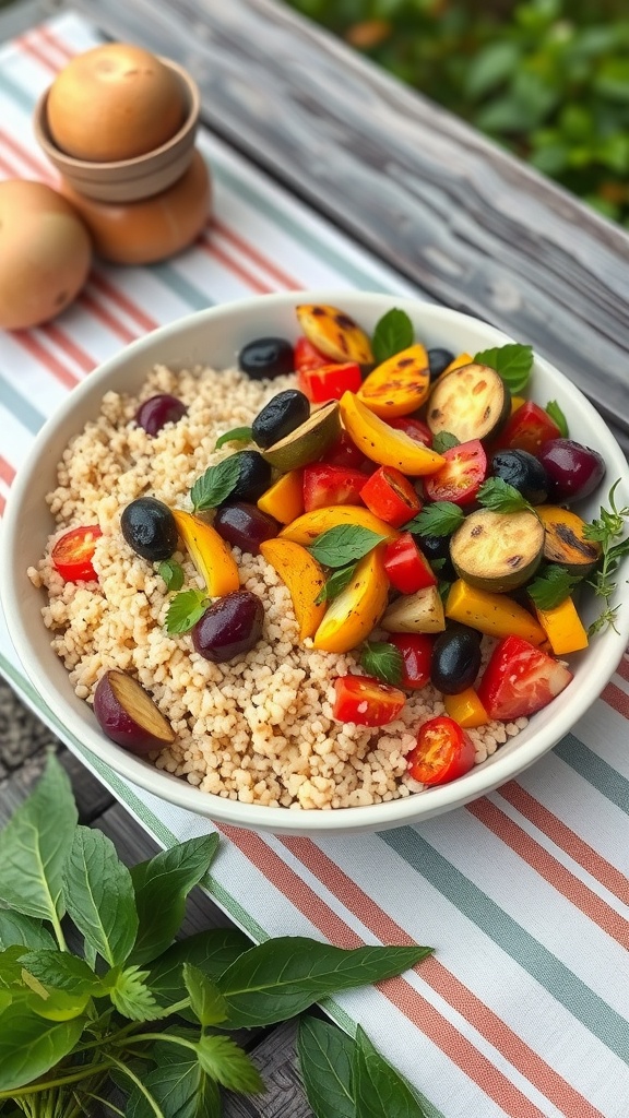 A colorful and healthy grilled vegetable and couscous salad in a bowl.