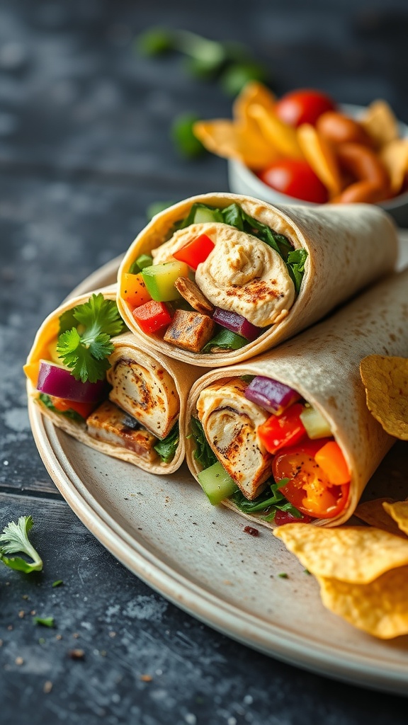 A close-up of delicious grilled vegetable and hummus wraps on a plate, surrounded by colorful chips.