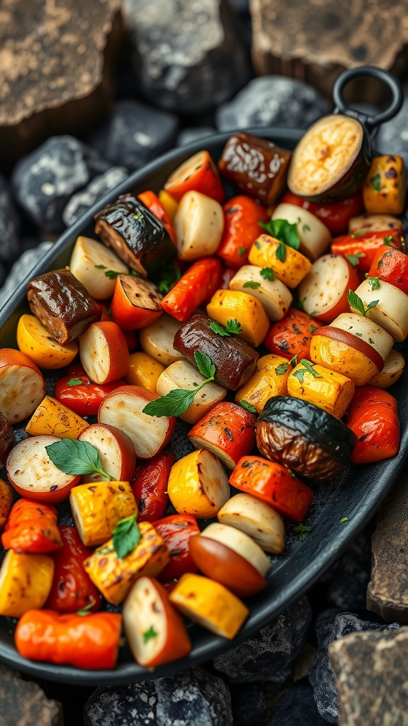 A colorful grilled vegetable platter featuring zucchini, bell peppers, eggplant, red onion, and cherry tomatoes.