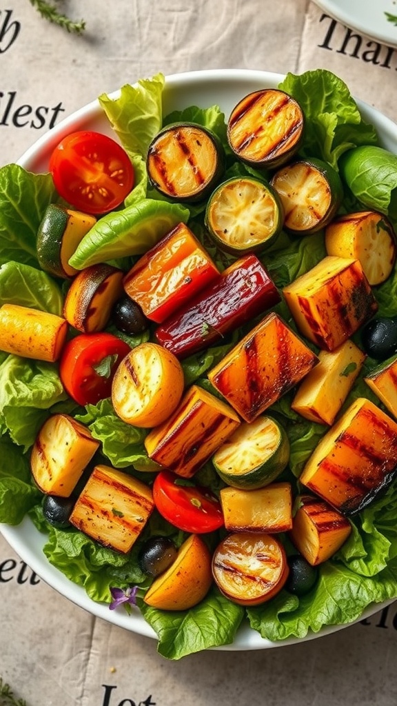 A colorful salad featuring a mix of grilled vegetables including zucchinis, bell peppers, and cherry tomatoes over a bed of greens.