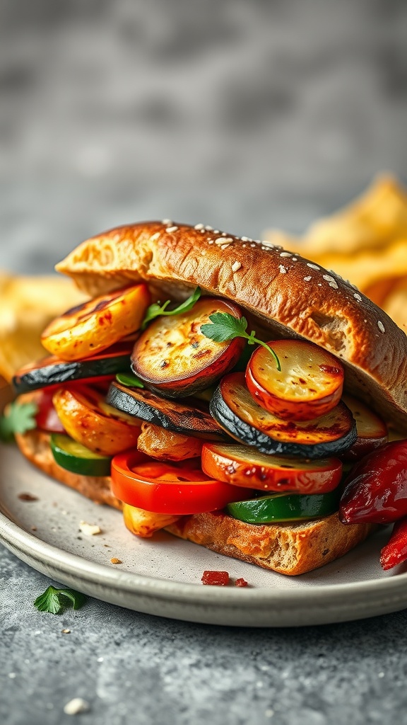 A delicious grilled vegetable sandwich with layers of colorful veggies.