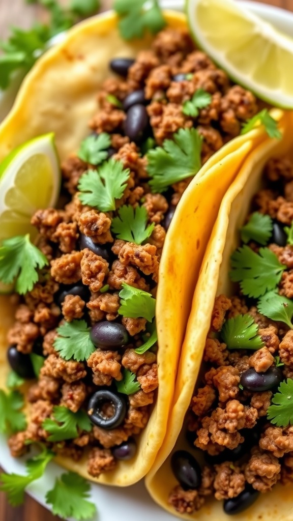 Two ground beef and black bean tacos garnished with cilantro and lime