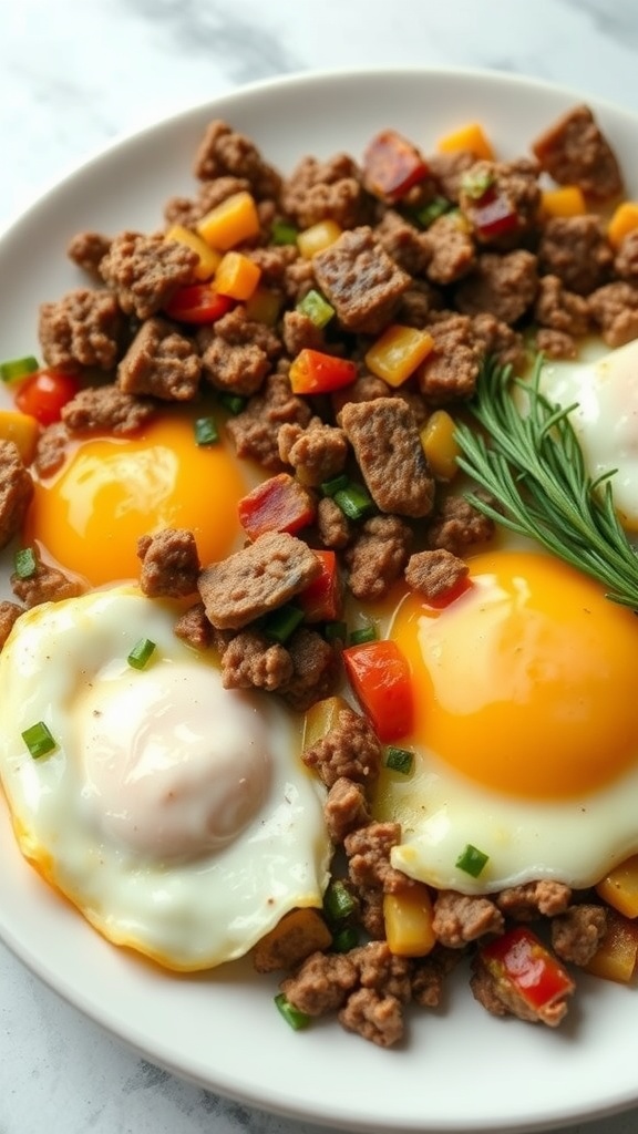 Ground Beef and Egg Breakfast Scramble on a plate