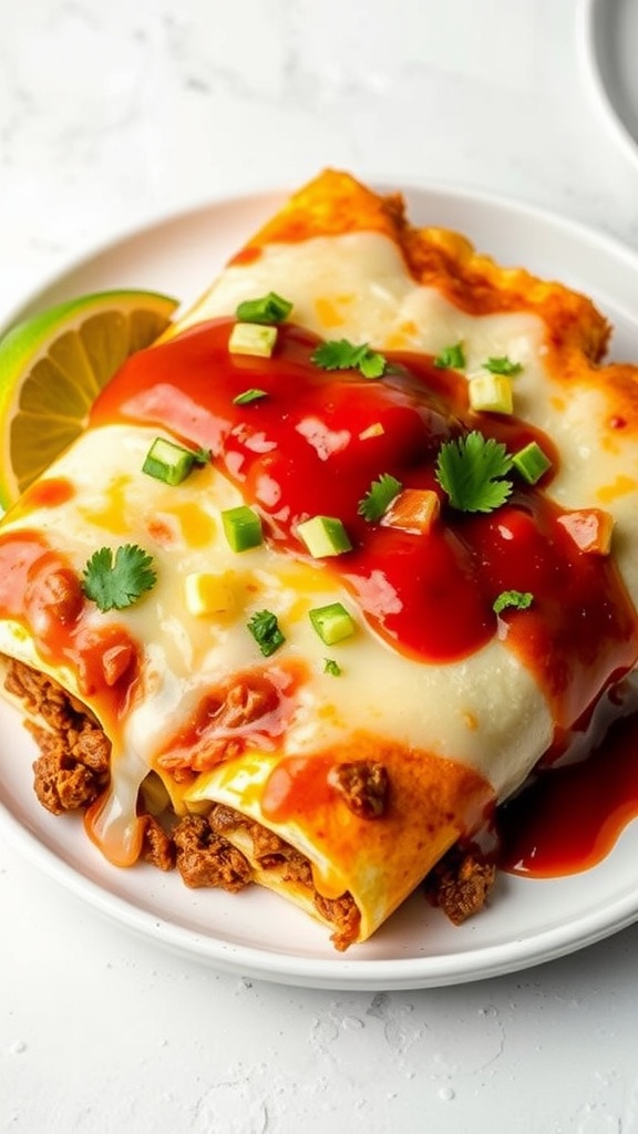 Plate of ground beef enchiladas topped with sauce and garnished with green onions and cilantro.