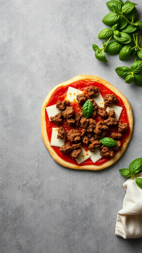 Ground beef pizza with cheese and tomato sauce.