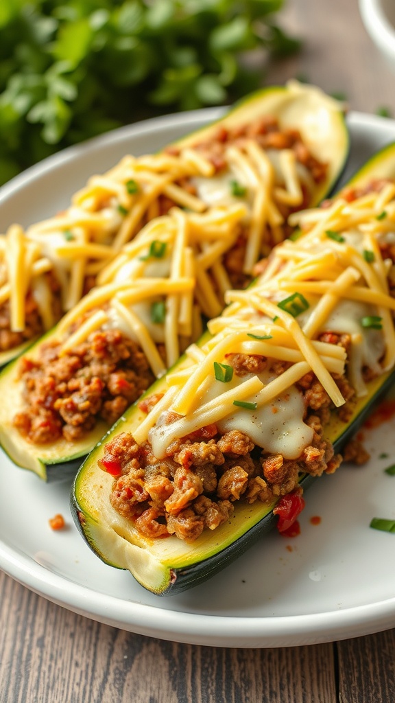 Ground beef stuffed zucchini boats on a plate