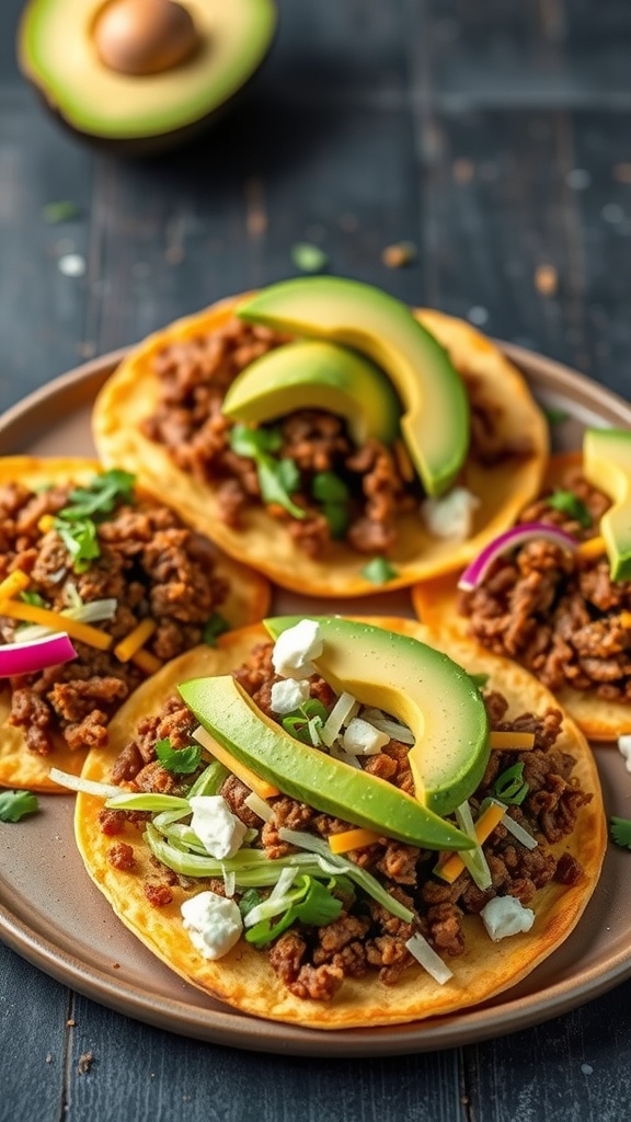 Delicious ground beef tostadas topped with fresh veggies and avocado