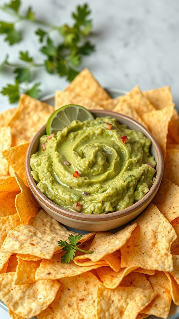 A bowl of creamy guacamole surrounded by crispy tortilla chips.