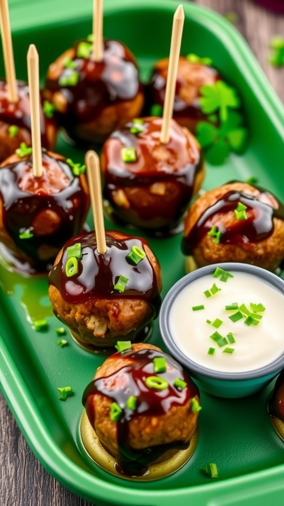 Delicious Guinness-glazed meatballs served on a platter with green garnishes