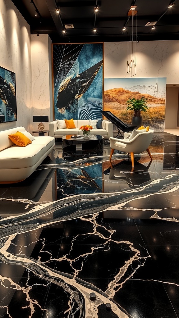 Luxurious living space with hand-painted black epoxy floor featuring white veining and modern furniture.