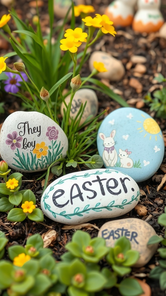 Hand-painted rocks decorated for Easter placed in a garden with yellow flowers