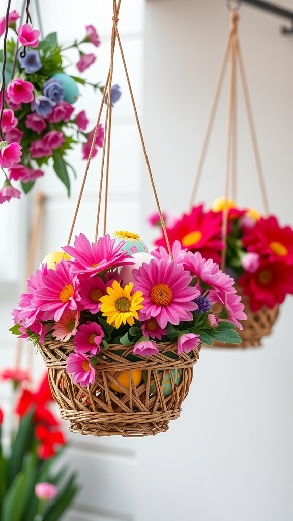 Hanging flower baskets filled with colorful flowers and Easter egg accents